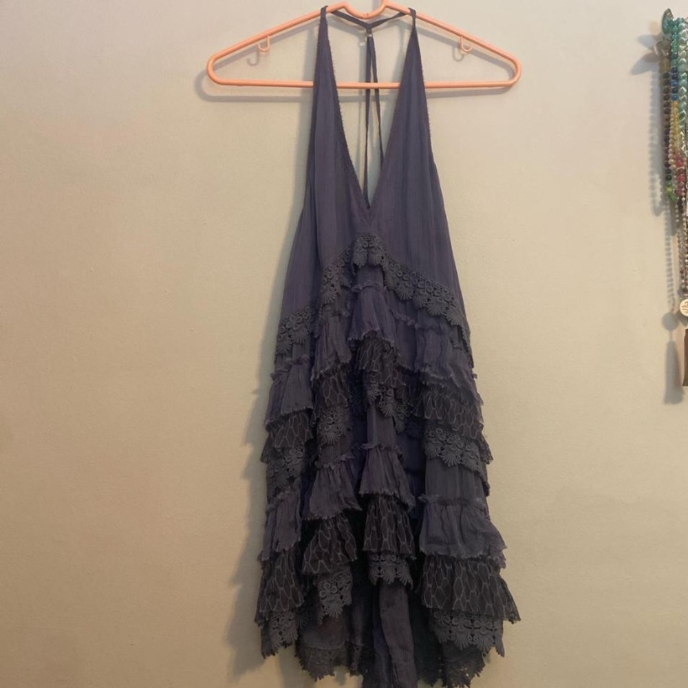 Free People Sheer Lace tunic Dress in gray blue